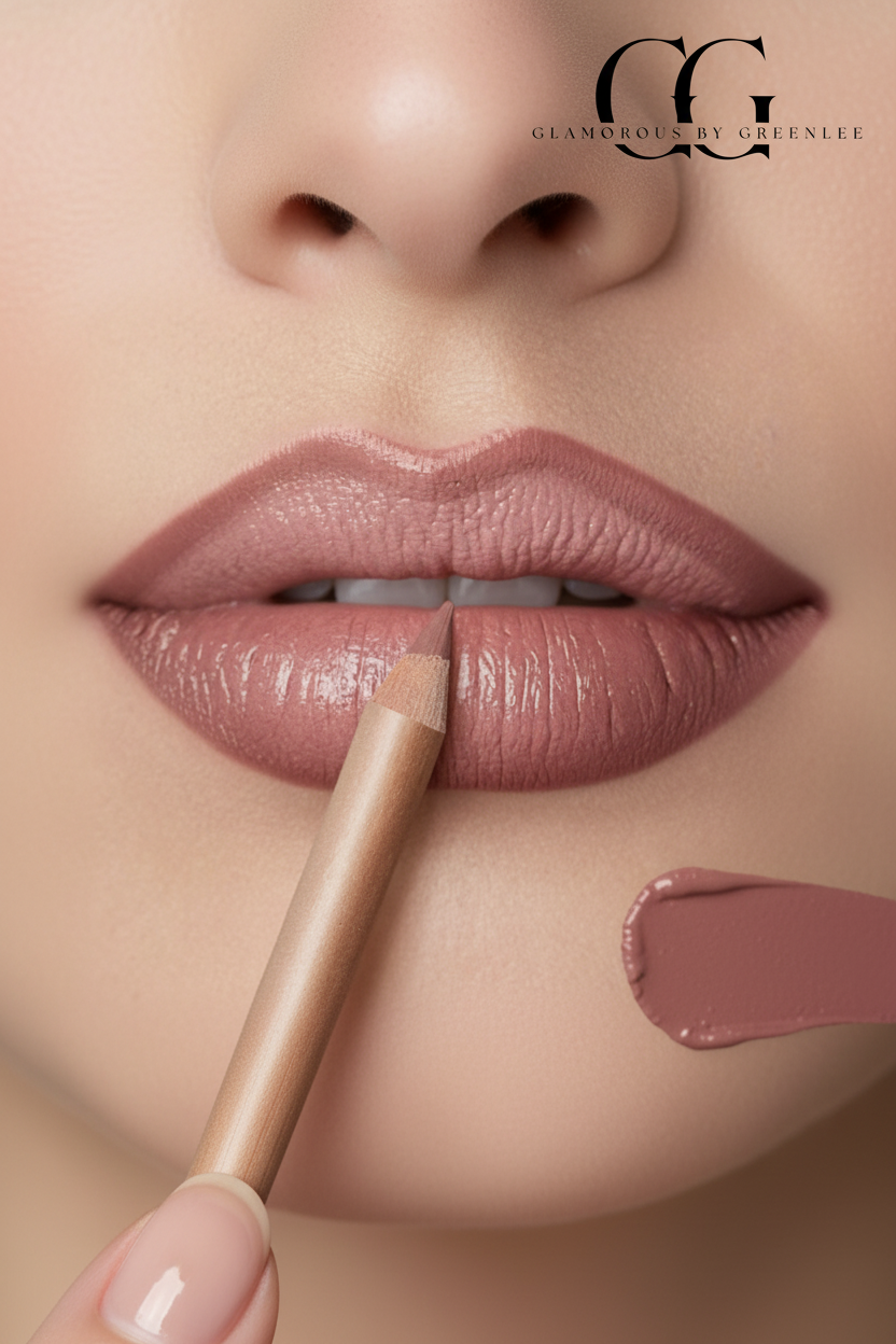 Matte nude lip liner pencil with close-up of defined nude lips by Glamorous by Greenlee