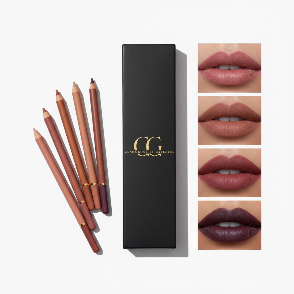 6-piece waterproof lip liner pencil set with black box and Glamorous by Greenlee gold branding