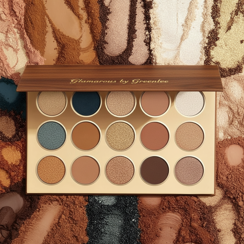15-color matte and gilding shimmer eyeshadow palette with Glamorous by Greenlee branding on wood-grain case