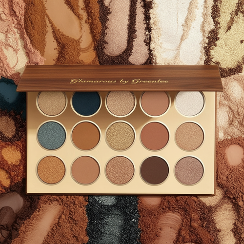 15-color matte and gilding shimmer eyeshadow palette with Glamorous by Greenlee branding on wood-grain case
