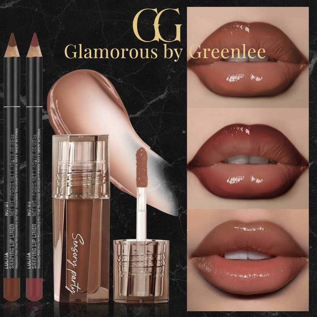 3-piece moisturising lip gloss and lip liner set by Glamorous by Greenlee on black marble