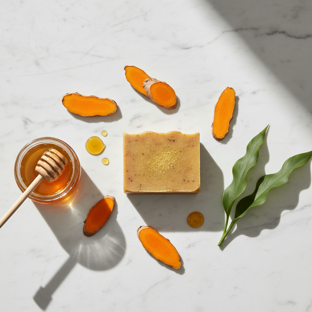 Turmeric, Honey & Ginger Natural Handmade Soap - marble flat lay