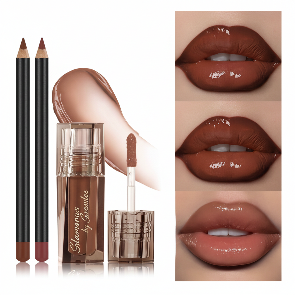 3-piece moisturising lip gloss and lip liner set with Glamorous by Greenlee branding on gloss bottle