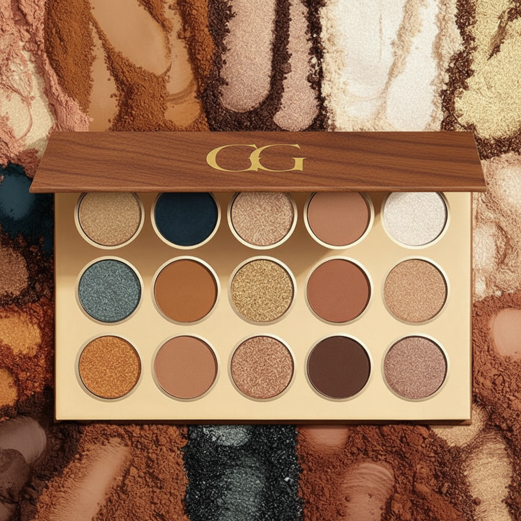 15-color matte and gilding shimmer eyeshadow palette with GG monogram logo on wood-grain case