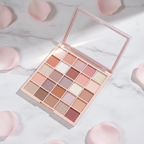 25-color pearly matte and shimmer eyeshadow palette on white marble with rose petals