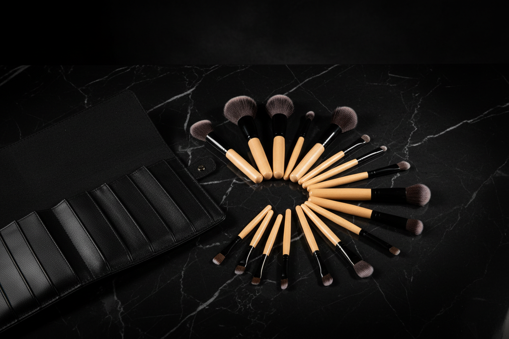 24-piece professional makeup brush set fanned out on black marble with leather roll case