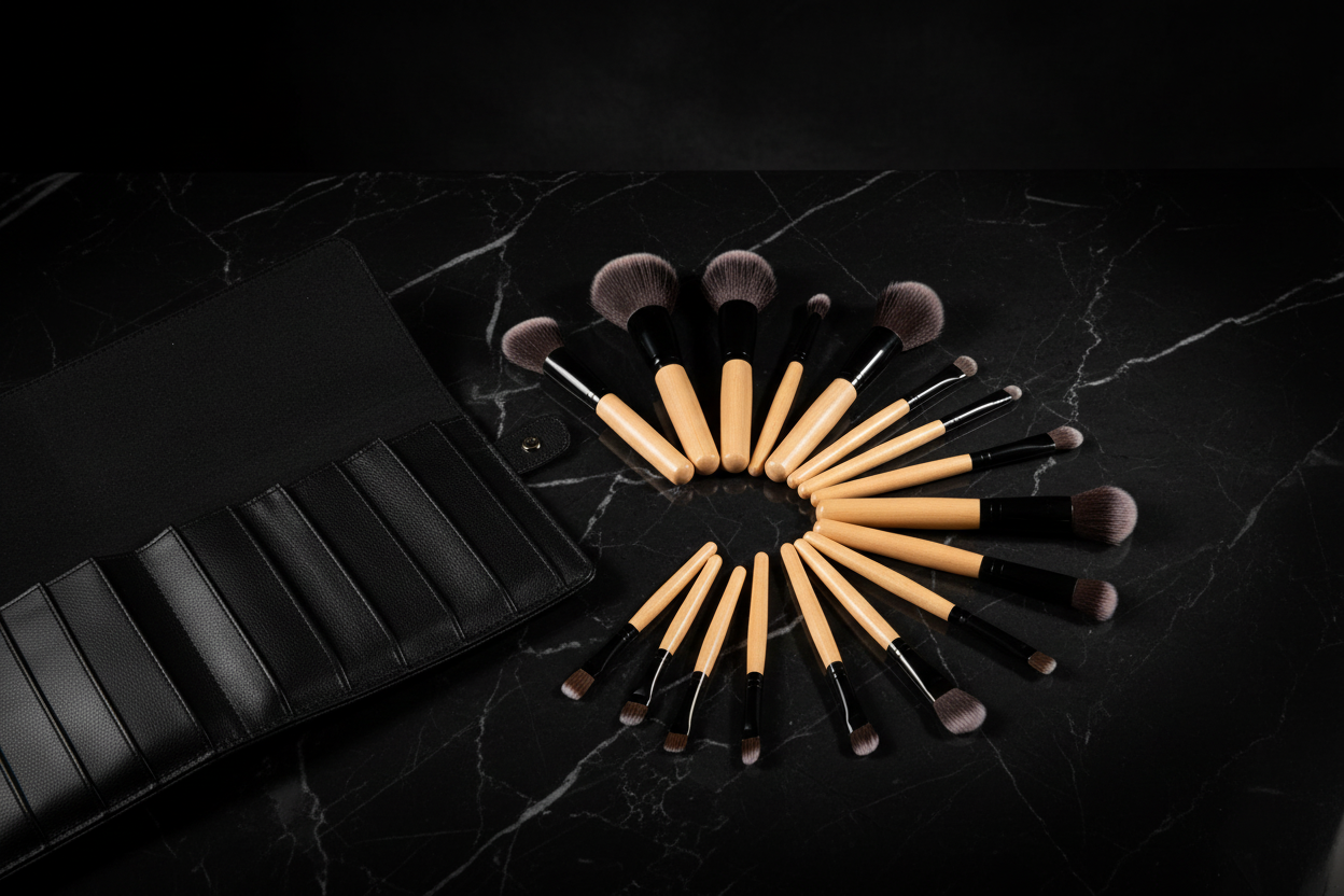 24-piece professional makeup brush set fanned out on black marble with leather roll case
