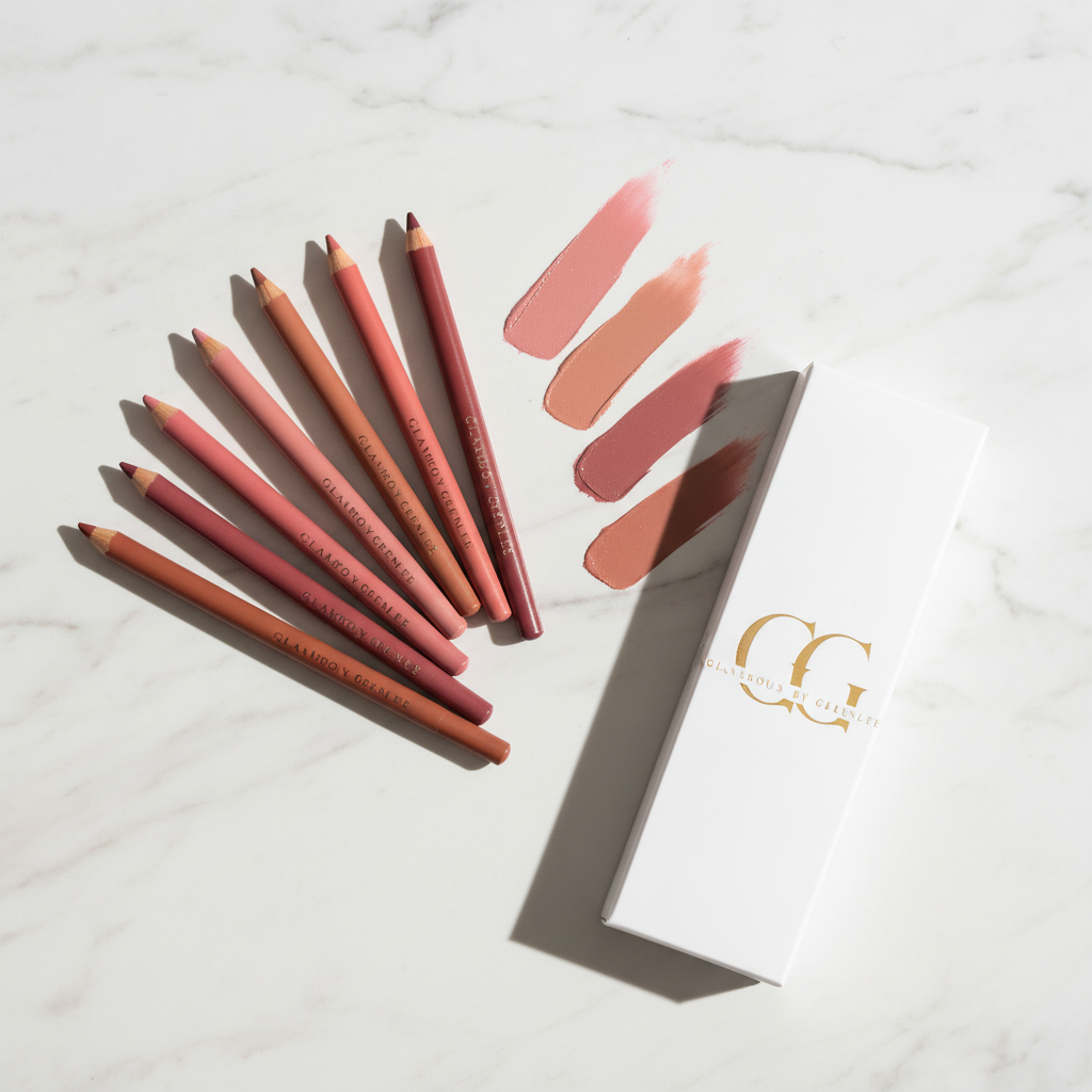 6-piece waterproof lip liner pencil set with Glamorous by Greenlee branding on white marble